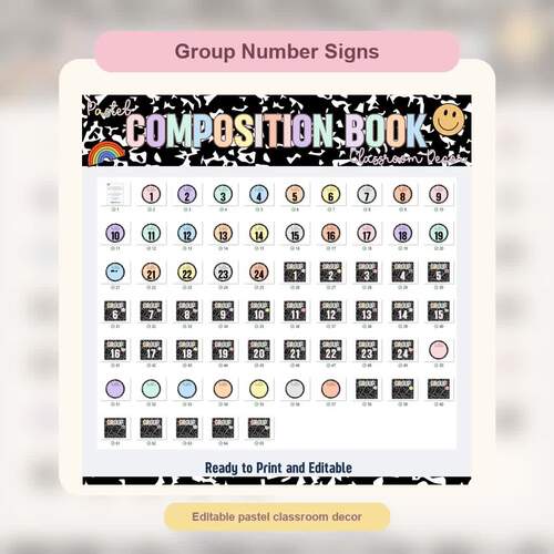 Editable Group Table Signs: Pastel Composition Book | Classroom Decor