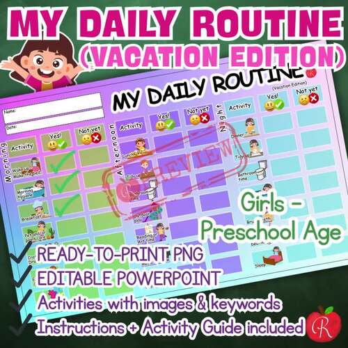 Daily Routine Chart – Girls – Vacation – Preschool | Printable PDF ...