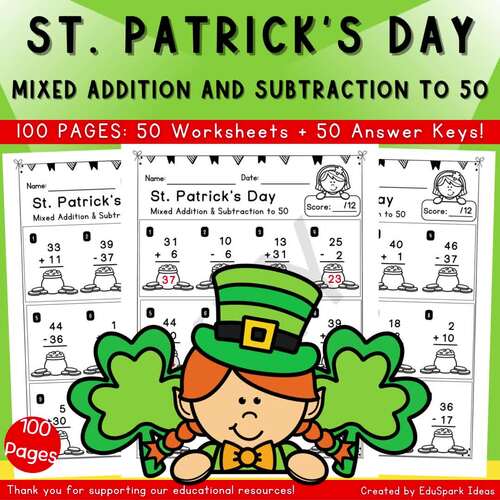 St. Patrick’s Day Math Worksheets Addition & Subtraction to 50 No Prep