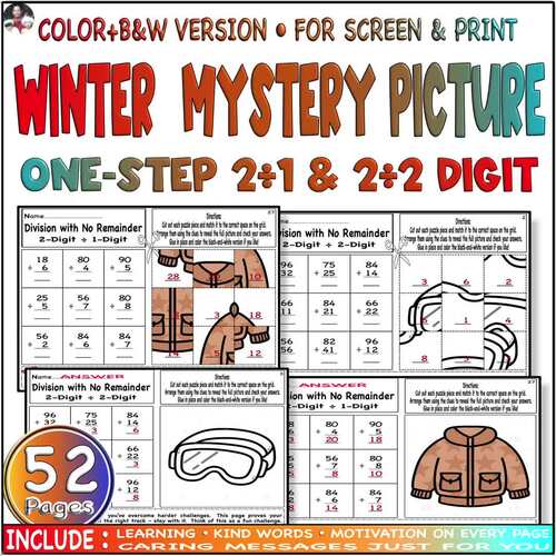 Winter Mystery Picture: One-Step Exact 2÷1 & 2÷2 Digit Division Math ...