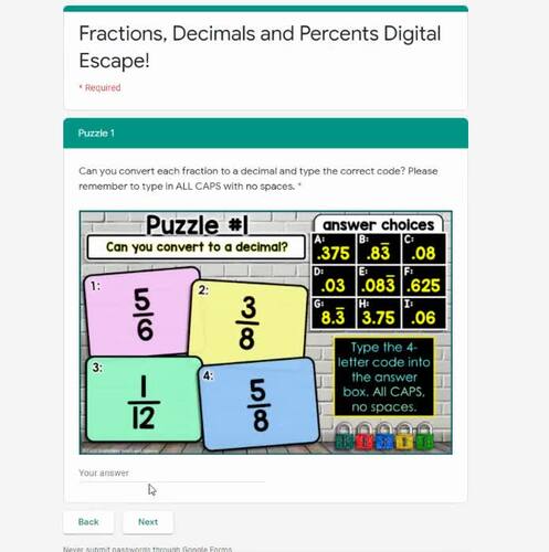 Converting Fractions, Decimals and Percents Digital Math Escape Room