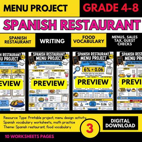 Spanish Restaurant Menu Project VOL 3 | Math Guest Checks & Menu Design