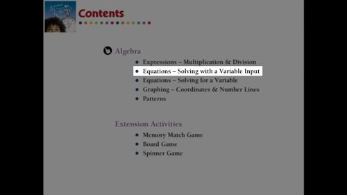 Algebra: Equations - Solving with a Variable Input - Pre-Assess/Teach PC Gr. 3-5