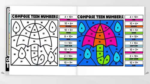 Kindergarten Teen Numbers | Compose & Decompose Color by Code | Spring