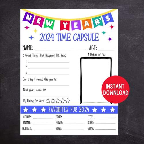 Kids New Years Eve Game, Printable New Years Time Capsule Questionnaire