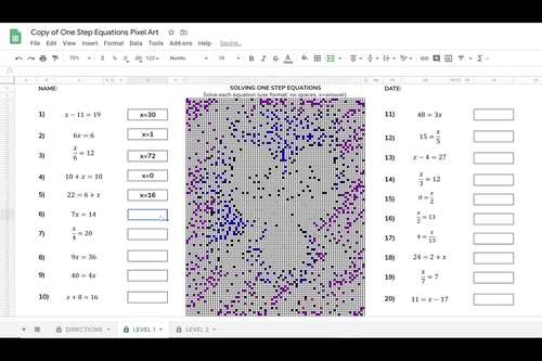 Algebra 1 Distance Learning Solving One Step Equations PIXEL ART Google ...
