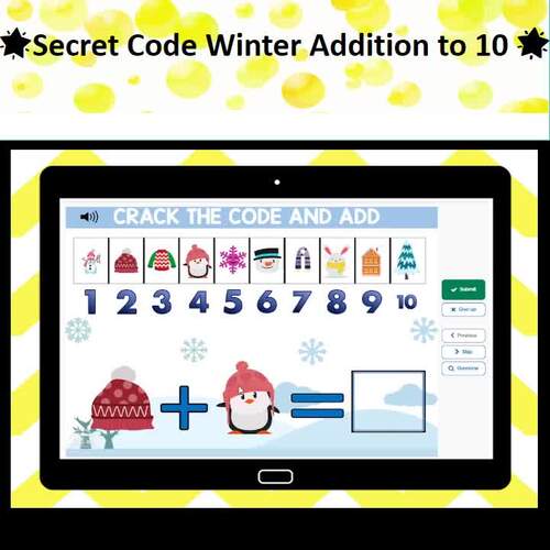 Winter Secret Code Adding Within 10 BOOM CARDS™ Math Digital Activity