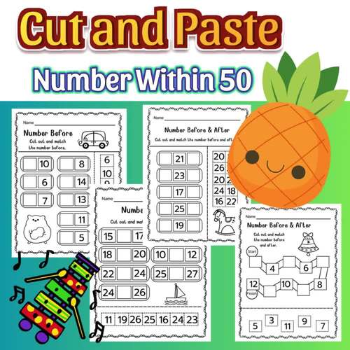 Cut and Paste Printables, Number Before After Worksheets Within 50