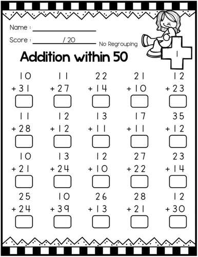 Addition Up to 50 With and Without Regrouping Worksheets & Answer Keys