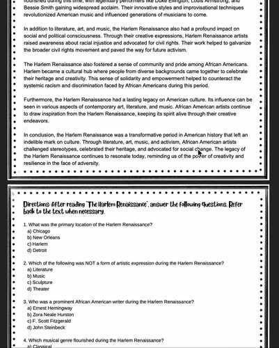 Harlem Renaissance Reading Passage Worksheet | Comprehension & Writing Task