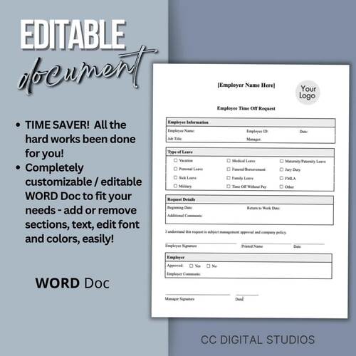 Employee Time Off Request Form: Editable Word Docs (US Letter, A4)