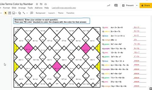 Combining Like Terms Math Color by Number Worksheets | Print ...