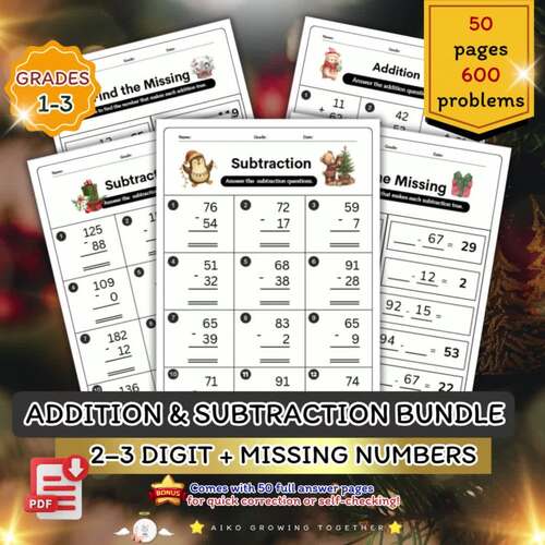 Christmas Math Bundle Addition, Subtraction & Missing Number Worksheets