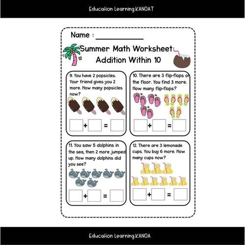 Summer Math Worksheets | Addition Within 10 | Kindergarten & First Grade