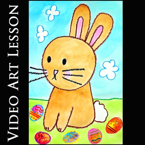 Preview of EASTER BUNNY & EASTER EGGS Art Lesson | Easy SPRING Drawing & Painting Activity