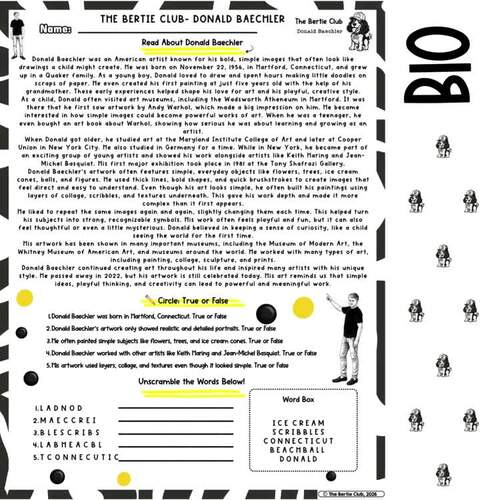 Donald Baechler Bertie Filler Art Pack | No Prep Print & Go Sub Plan ...