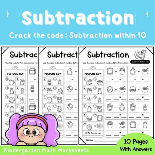 Crack the Code: Subtraction Within 10 | Picture Code Math Worksheets