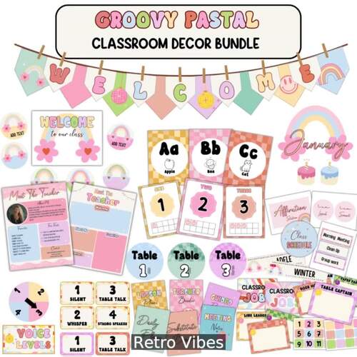Retro Groovy Classroom Decor Bundle | Editable Pastel 70s Theme Kit