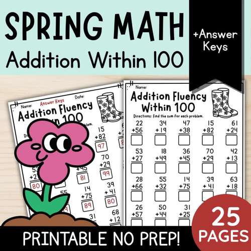 Spring Math: 2-Digit Addition Within 100 with Regrouping Worksheets | 2nd Grade