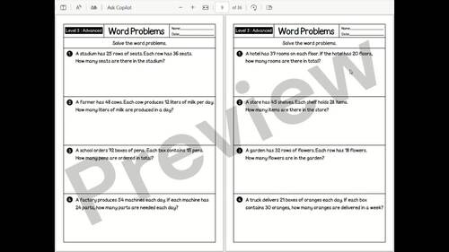 Multiplication & Division Word Problems Worksheets - 3 levels skill