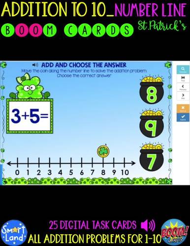 Addition and Counting to 10_Number Line_Boom Cards™| St.Patrick's Day