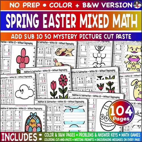 Mixed Add Sub 20 40 Spring Easter Math Homeschool Cut Paste Color Game ...