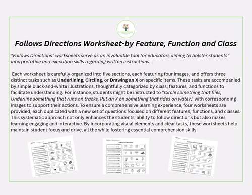 Follows Directions Worksheets-By Feature, Function and Class (ABLLS-R aligned)