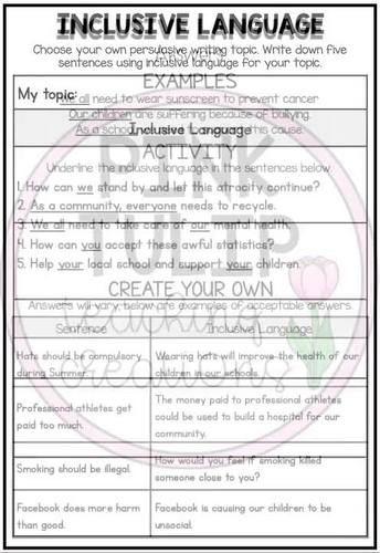 inclusive language persuasive writing worksheets tpt