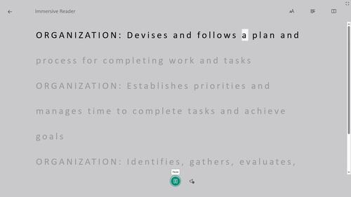 Preview of ORGANIZATION - Immersive Reader Screen Capture Video + Learning Skills Rubric