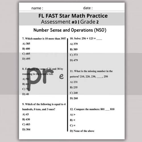 FL FAST Star Math Practice Assessment #3 | Grade 2 -Test Prep | TPT
