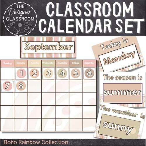 Calendar Set | Boho Rainbow Classroom Decor by The Designer Classroom