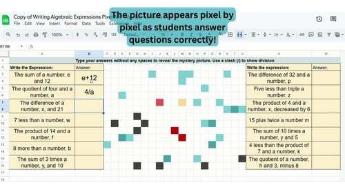 Writing Algebraic Expressions Digital Pixel Art- fun activity for ...