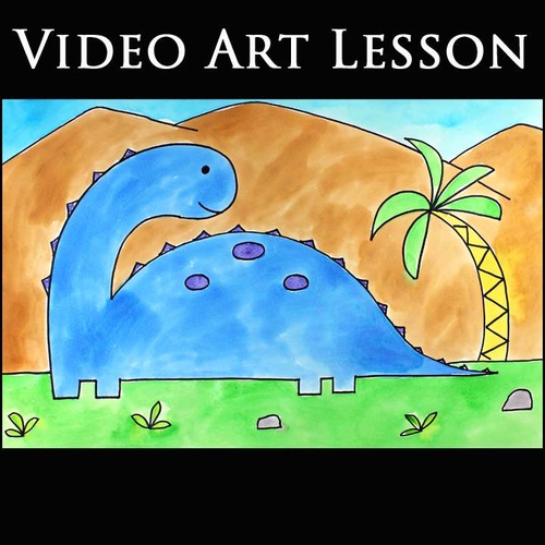 Preview of DINOSAUR Art Lesson | EASY Directed Drawing & Watercolor Painting Project