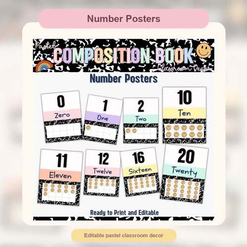 Number Posters: Pastel Composition Book | Composition Notebook Math Decor