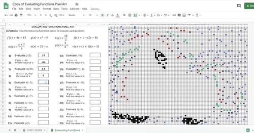 Google Sheets Digital Pixel Art Math Evaluating Functions by Algebra ...