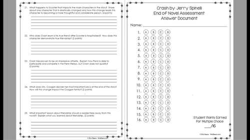 Crash by Jerry Spinelli Novel Study Test and Assessment | TPT