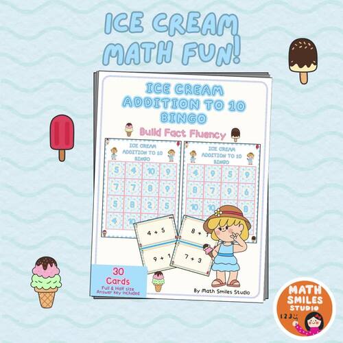 Ice Cream Addition to 10 Bingo (4x4) Summer Math Game | Kindergarten ...