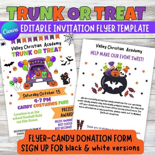 Editable Template Trunk or Treat Invitation Party Flyer Halloween PTO ...