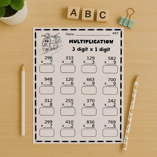 3-Digit by 1-Digit Multiplication Worksheets - Cute Vehicles Practice