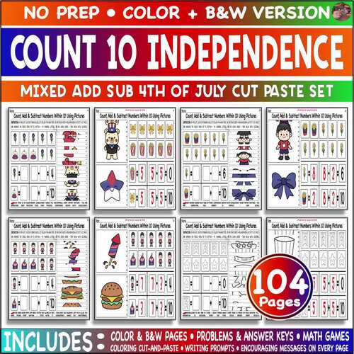 Mixed Add Sub 10 Items 4th of July Kindergarten Count Cut Paste Color Game