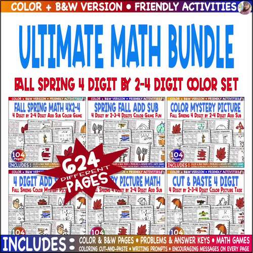 Fall Spring 4 Digit by 2-4 Digit Add Sub Mystery Picture Color Game Bundle Math.