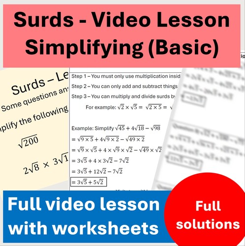 Preview of Surds (Basic Simplifying) - Complete Video lesson with worksheets