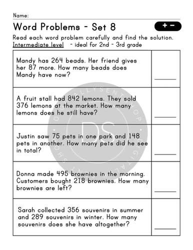 100 Problems | Addition & Subtraction Word Problems Worksheets | Grade ...