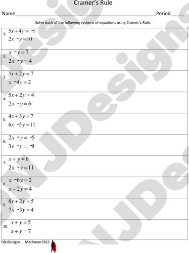 Solving Systems of Equations with Cramer's Rule Printable/Handout/Homework