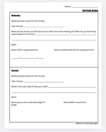 3rd Grade Weekly Homework Year-Long Homework Bundle Reading + Math (37 ...