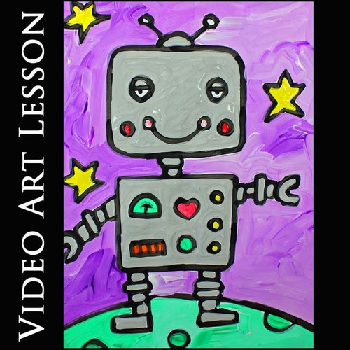 Preview of ROBOT IN SPACE Art Lesson | Step-By-Step Painting Project & Art Activity