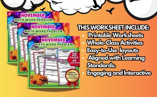 Fun November Math Word Problem, Addition, Fractions, 4th,5th,6th,7th ...