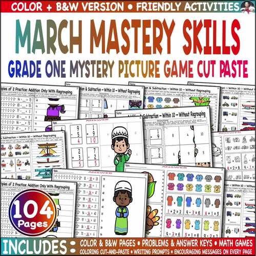 March Mastery Grade One Math Puzzle Color by Code Cut Paste Game Mystery Picture