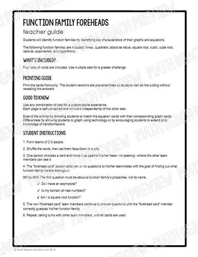 Function Family Foreheads Guessing Game Activity by Math Beach Solutions