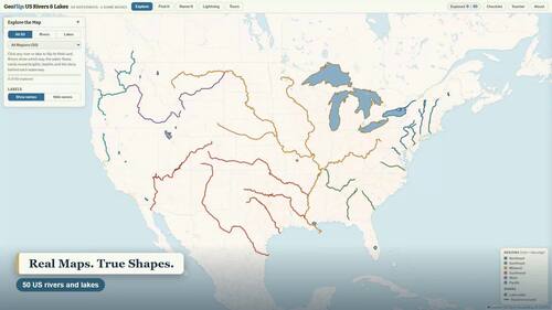 US Rivers and Lakes Geography Game - Interactive Map 5th Grade Activity